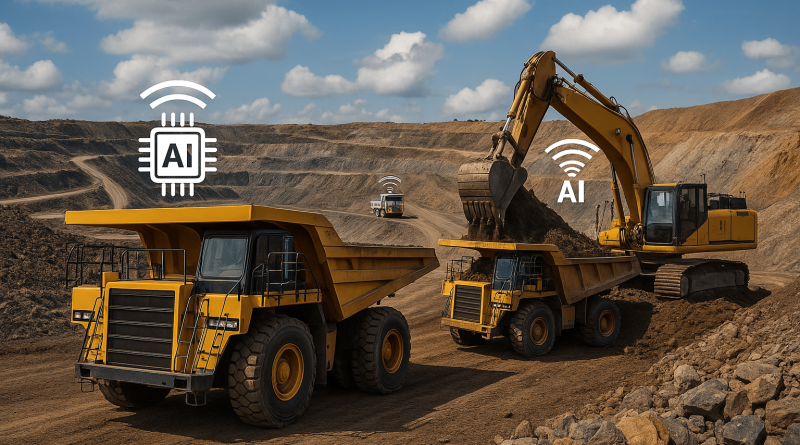 AI-powered autonomous mining trucks and excavator operating in an open-pit mine with digital AI technology integration for automation and real-time monitoring.