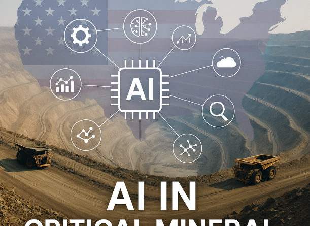 AI in critical mineral mining illustration showing autonomous trucks in an open-pit mine with a U.S. map overlay, AI icons, and digital technology graphics.